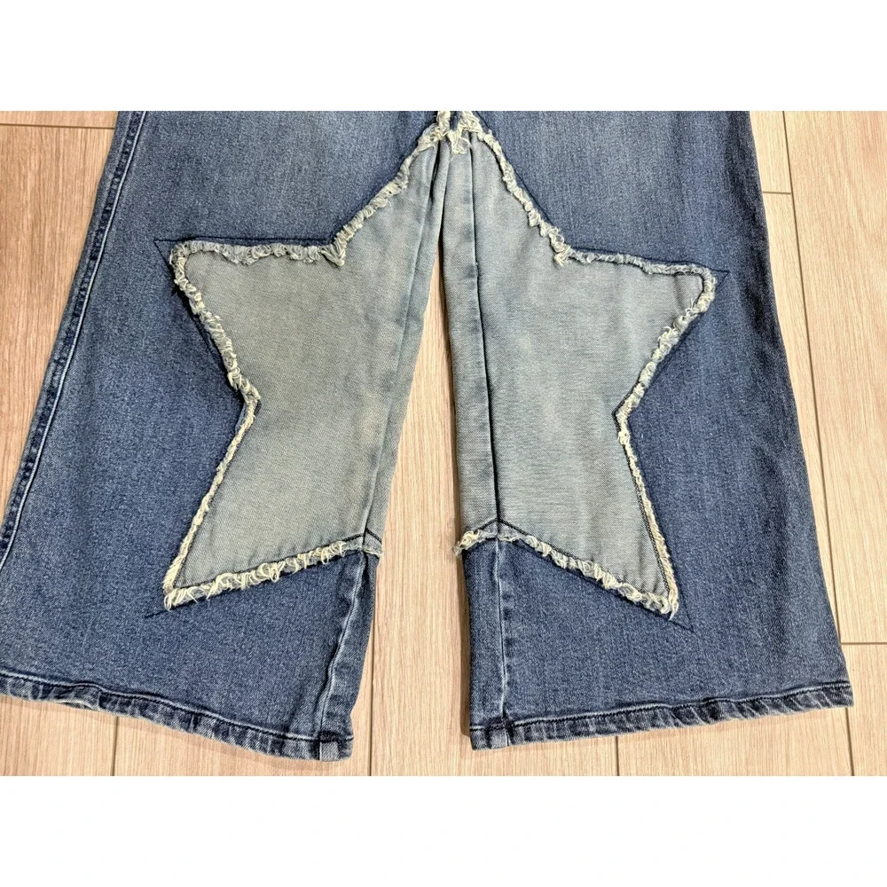 Hot Topic Star Patchwork Wide Leg Blue Denim Jeans Skate Alt Y2K Retro size 5